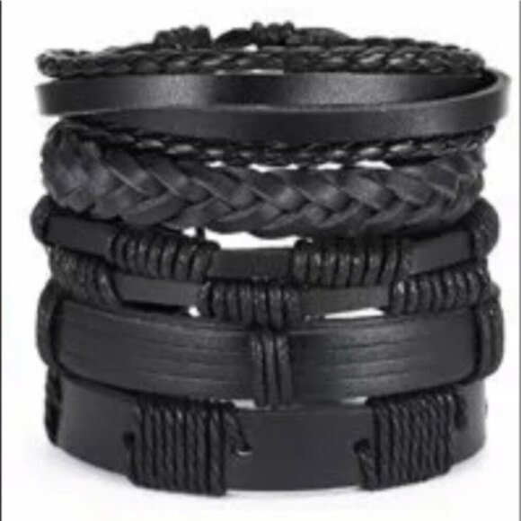 Other - Men’s Black Genuine Leather Braided Bracelet Set